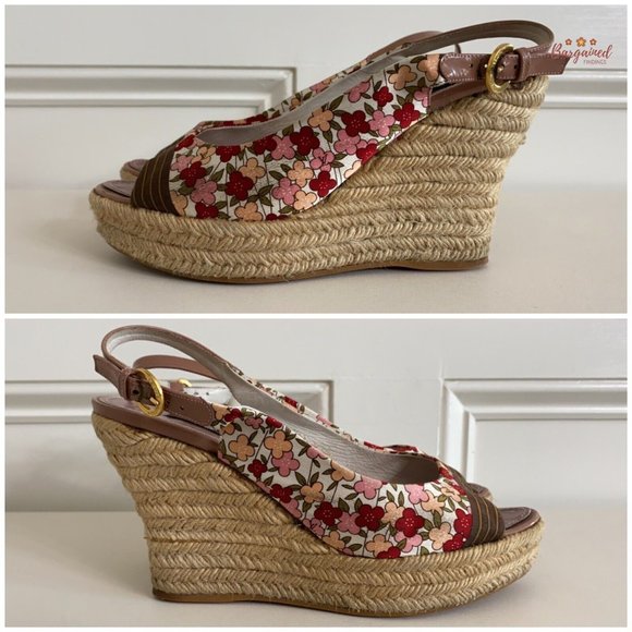 Auth LOUIS VUITTON Floral Satin Fabric Patent Ankle Strap Espadrille Wedge 7.5 - Picture 6 of 15